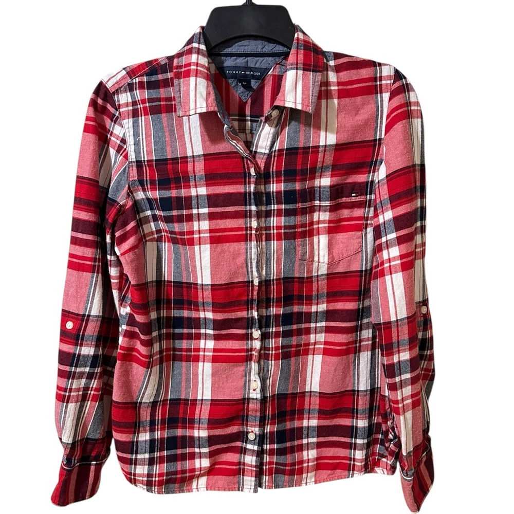 TOMMY HILFIGER red, white, & blue 100% cotton plaid flannel button up size Small